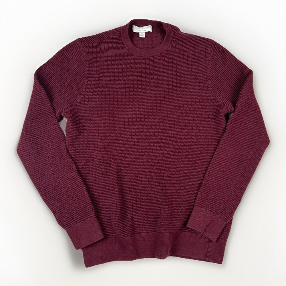 Halston Textured Knit Crewneck Sweater Men’s M Burgundy‎ Cotton Cashmere Blend